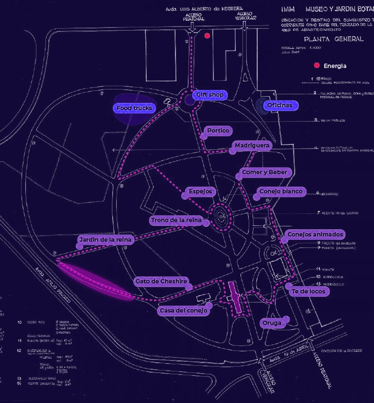 Planta general del Jardín Botánico de Montevideo con el circuito propuesto: ingreso por el acceso peatonal de Av. Luis Alberto de Herrera, gift shop en la primera rotonda, food trucks, oficinas y las estaciones a lo largo del recorrido